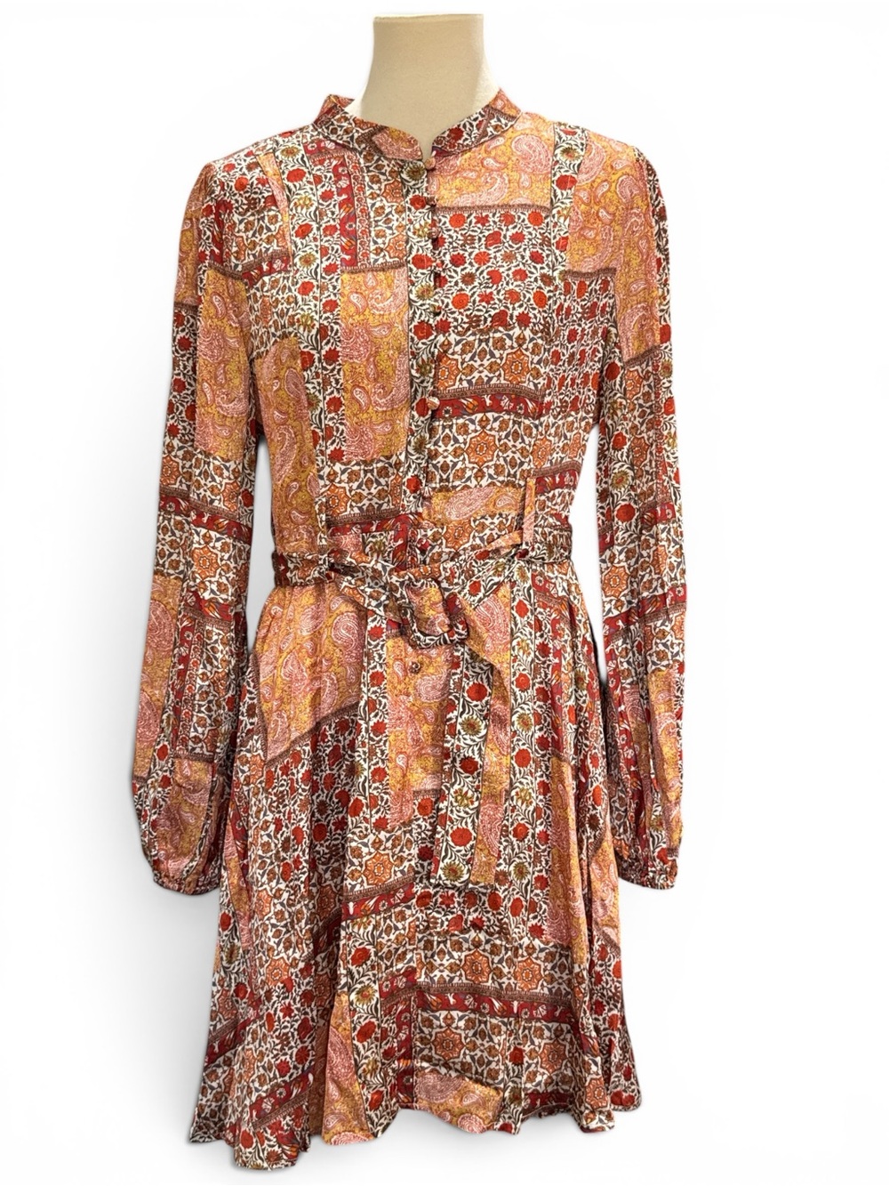 Patchwork Print Long-Sleeve Belted Dress $452